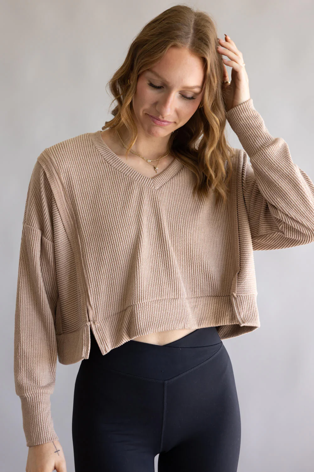 Simply Southern V-Neck Crop Pullover Top for Women in Umber Tan | PP-0225-SWTR-KNT-UMBER - Image 2