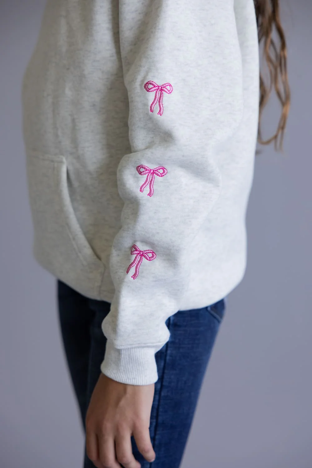 Simply Southern Youth Embroidered Dilara Bow Hoodie for Girls in Heather Grey | PP-0225-YTH-HD-DILARA-BOW - Image 3