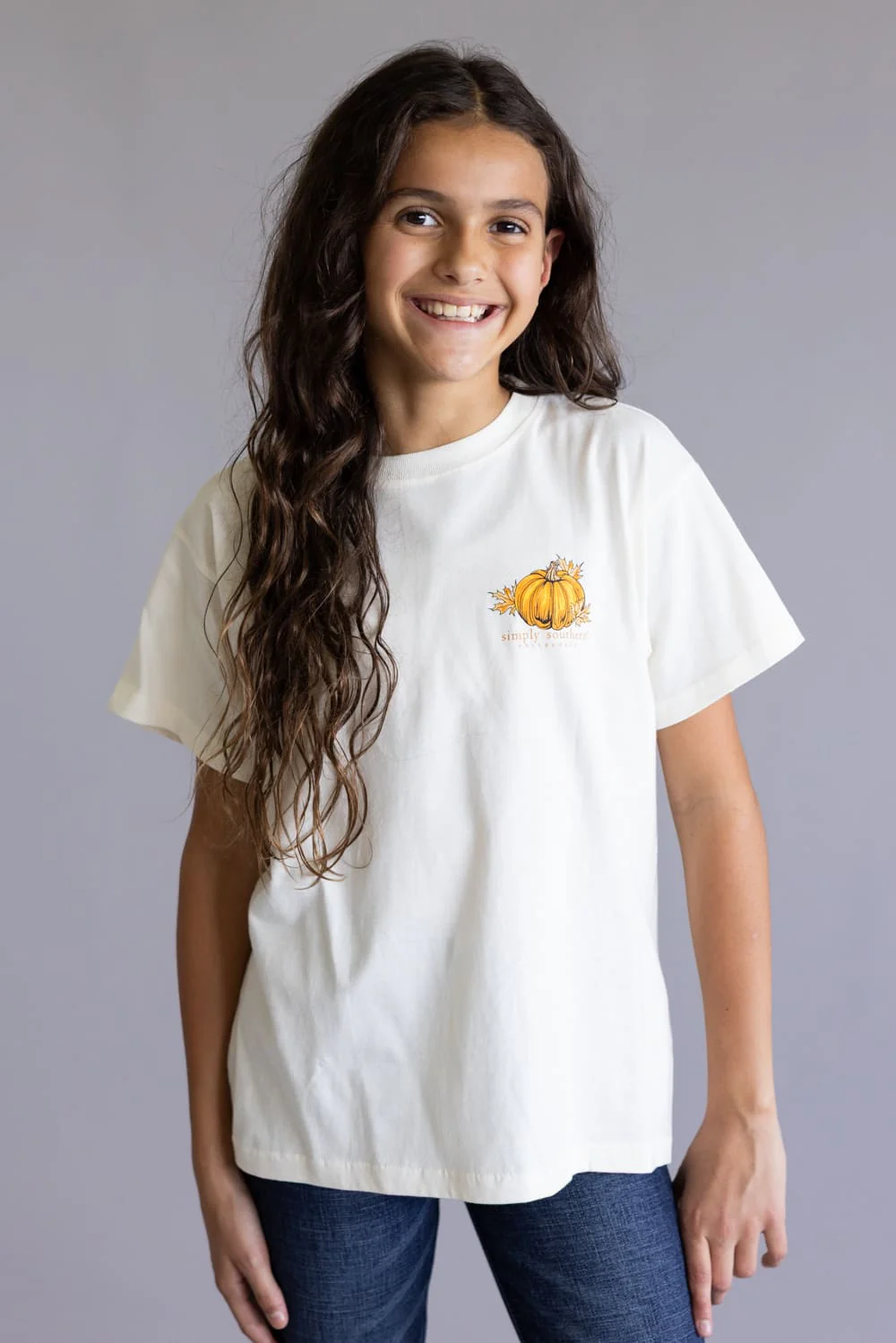Simply Southern Youth Leaves Are Falling Autumn Is Calling T-Shirt for Girls in Linen | YTH-SS-TEDDYFALL-LINEN - Image 2
