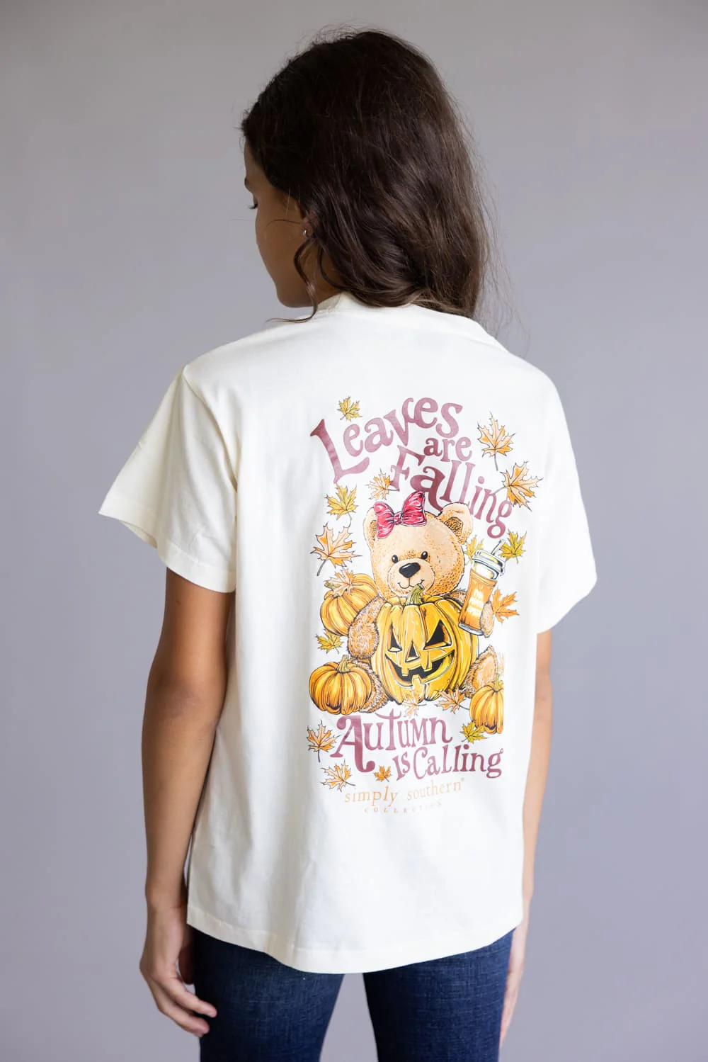 Simply Southern Youth Leaves Are Falling Autumn Is Calling T-Shirt for Girls in Linen | YTH-SS-TEDDYFALL-LINEN - Image 4