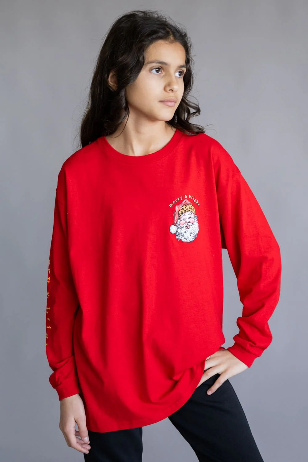 Simply Southern Youth Leopard Hat Santa Long Sleeve T-Shirt for Girls in Red | YTH-LS-LEOSANTA-RED - Image 2