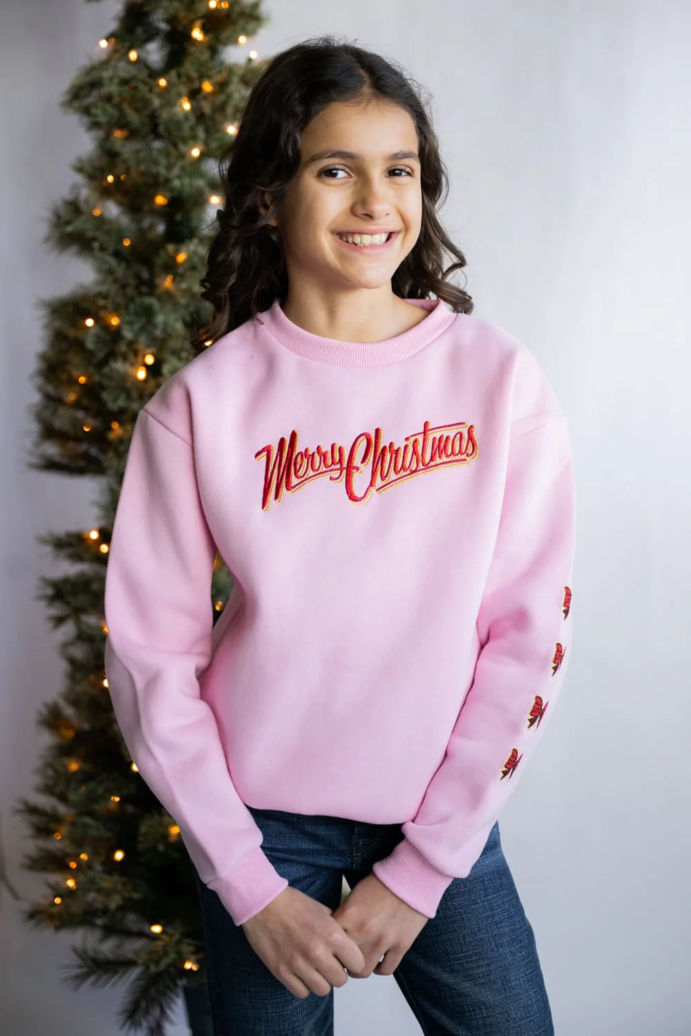 Simply Southern Youth Merry Christmas Embroidered Sweatshirt for Girls in Pink | PP-0225-YTH-CRW-DILARA-MERRY - Image 2