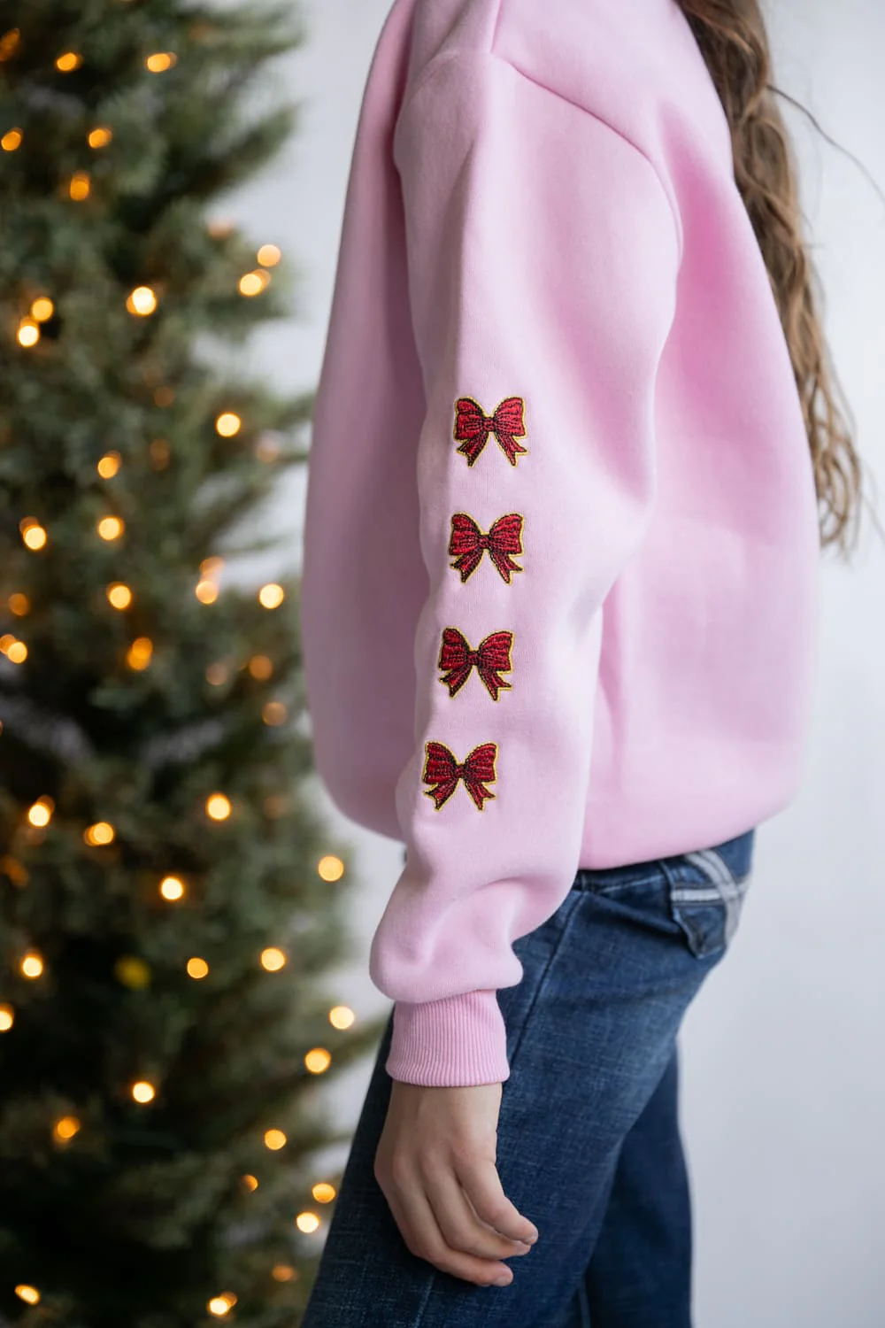 Simply Southern Youth Merry Christmas Embroidered Sweatshirt for Girls in Pink | PP-0225-YTH-CRW-DILARA-MERRY - Image 3