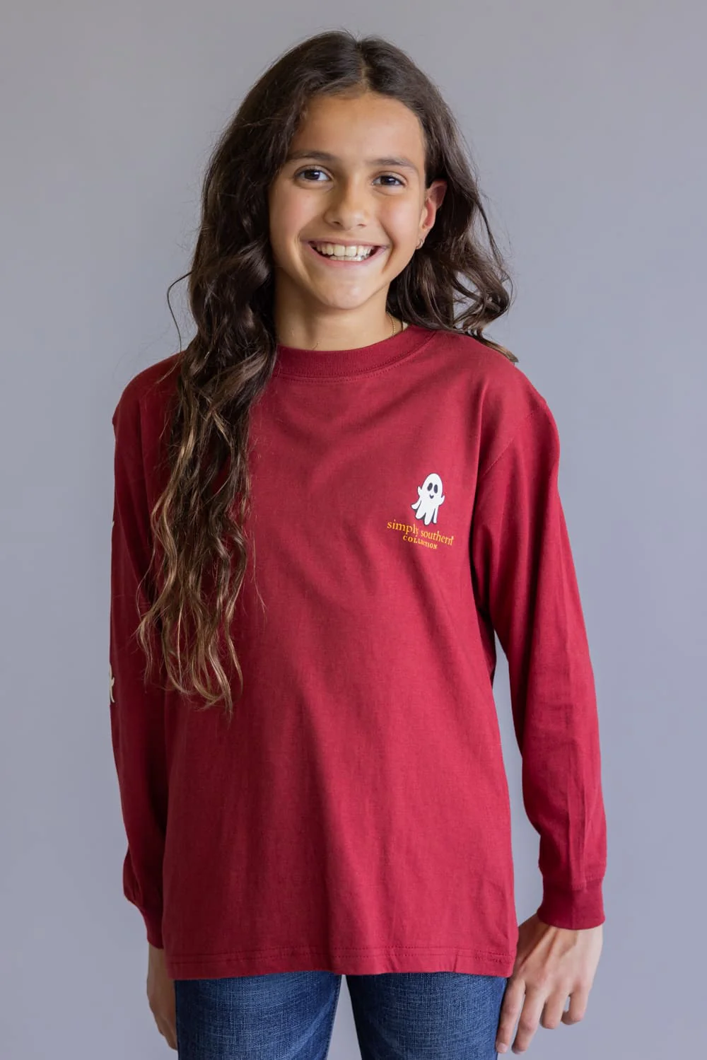Simply Southern Youth Pumpkin Witch Hat Long Sleeve T-Shirt for Girls in Red | YTH-LS-PMPKN-CARMINE - Image 2