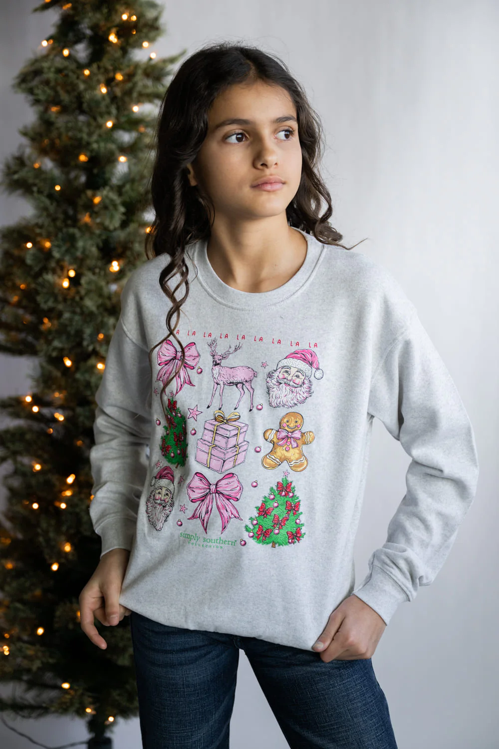 Simply Southern Youth Trees Crewneck for Girls in Light Grey | YTH-CREW-TREES-FLURRY - Image 2