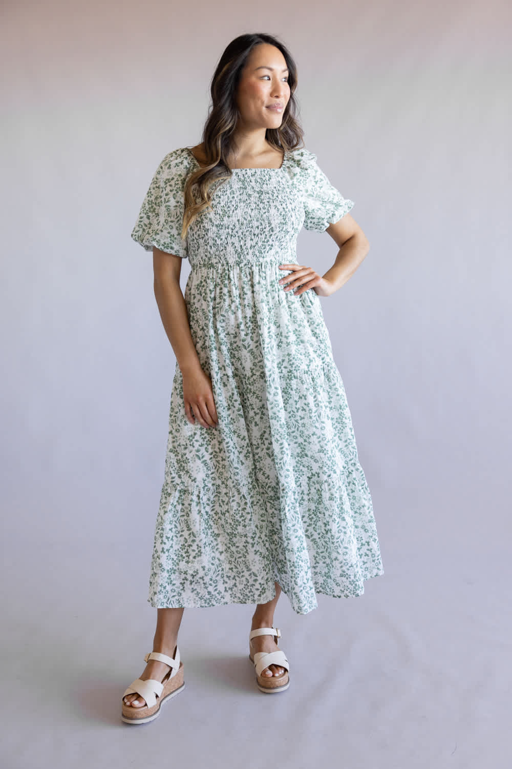 Smocked Floral Maxi Dress for Women in Ivory/Green | LD646L-IRYGRN - Image 2