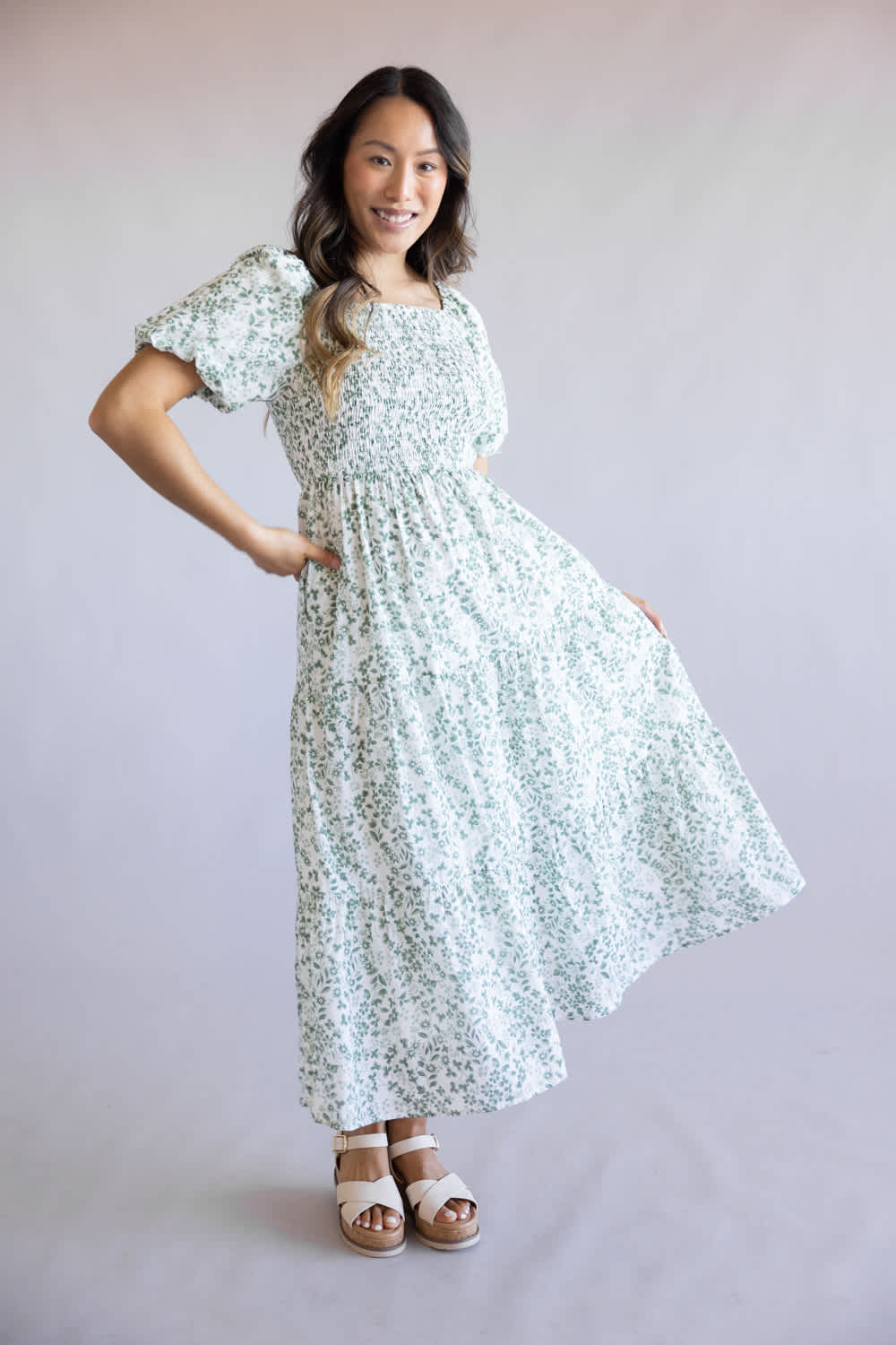 Smocked Floral Maxi Dress for Women in Ivory/Green | LD646L-IRYGRN - Image 3