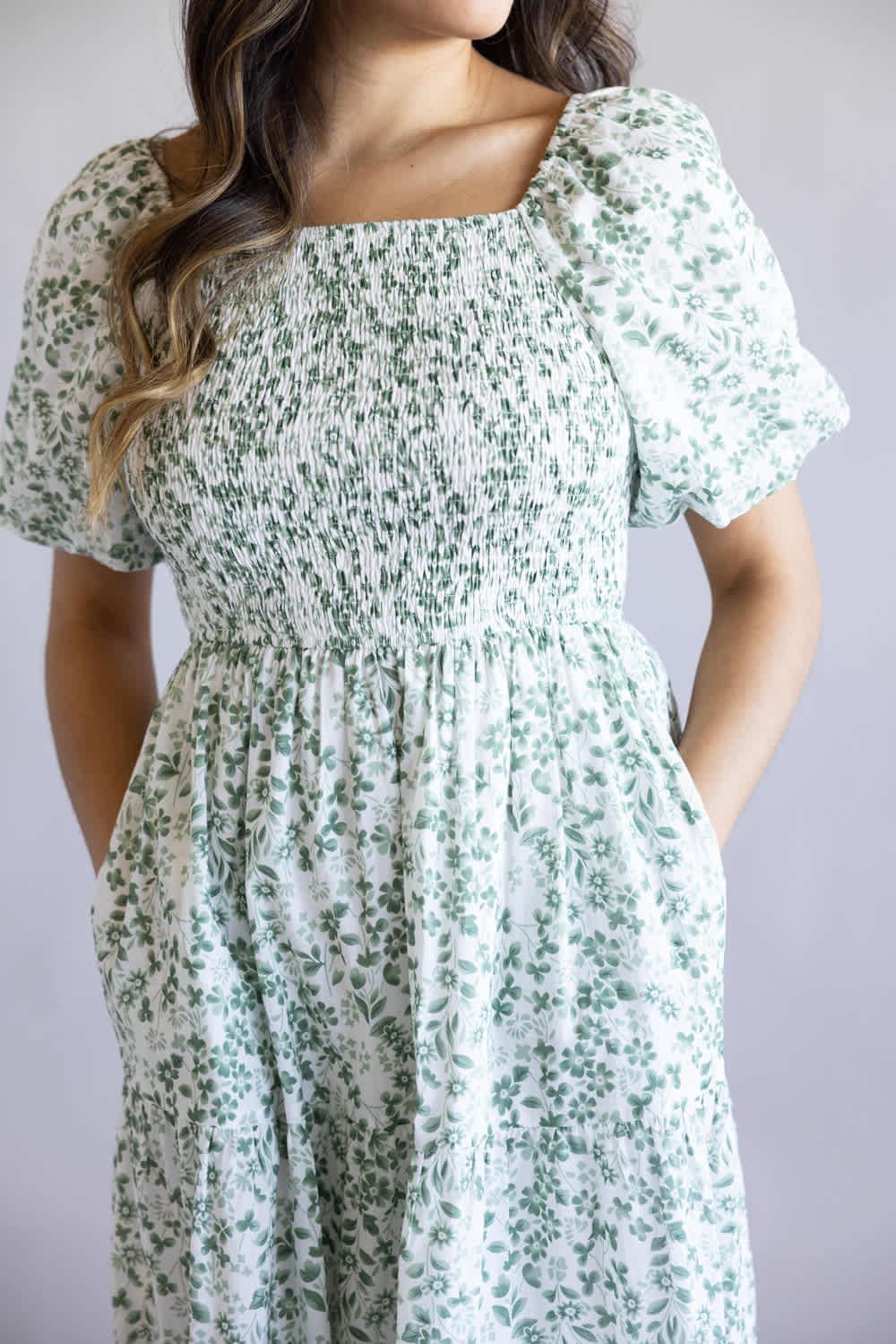 Smocked Floral Maxi Dress for Women in Ivory/Green | LD646L-IRYGRN - Image 4