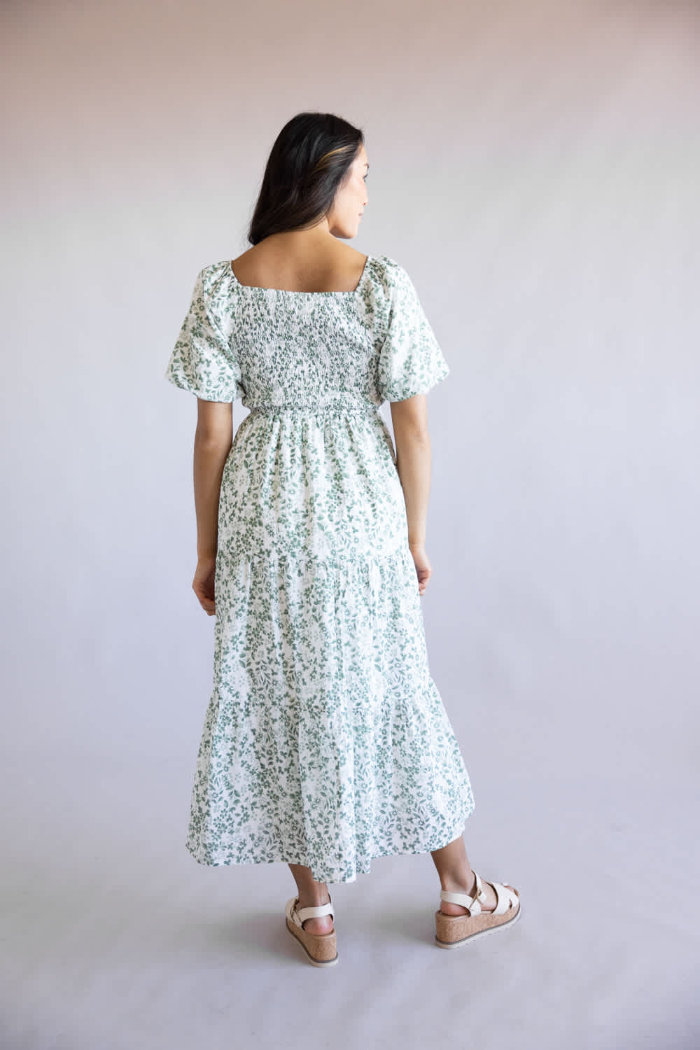 Smocked Floral Maxi Dress for Women in Ivory/Green | LD646L-IRYGRN - Image 5