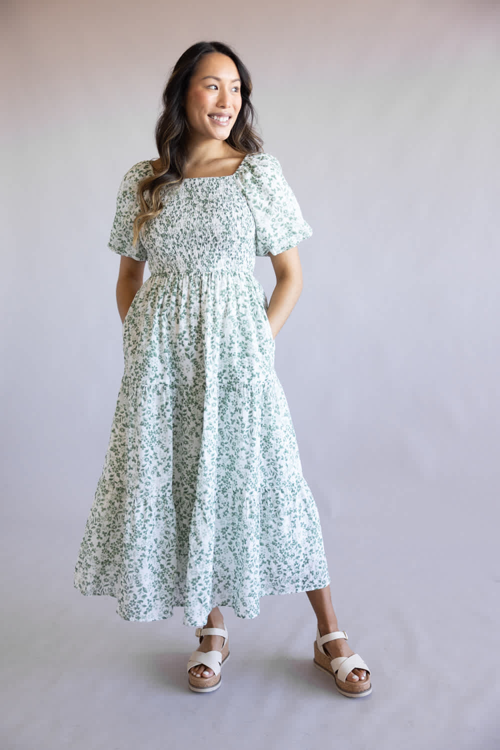 Smocked Floral Maxi Dress for Women in Ivory/Green | LD646L-IRYGRN - Image 6