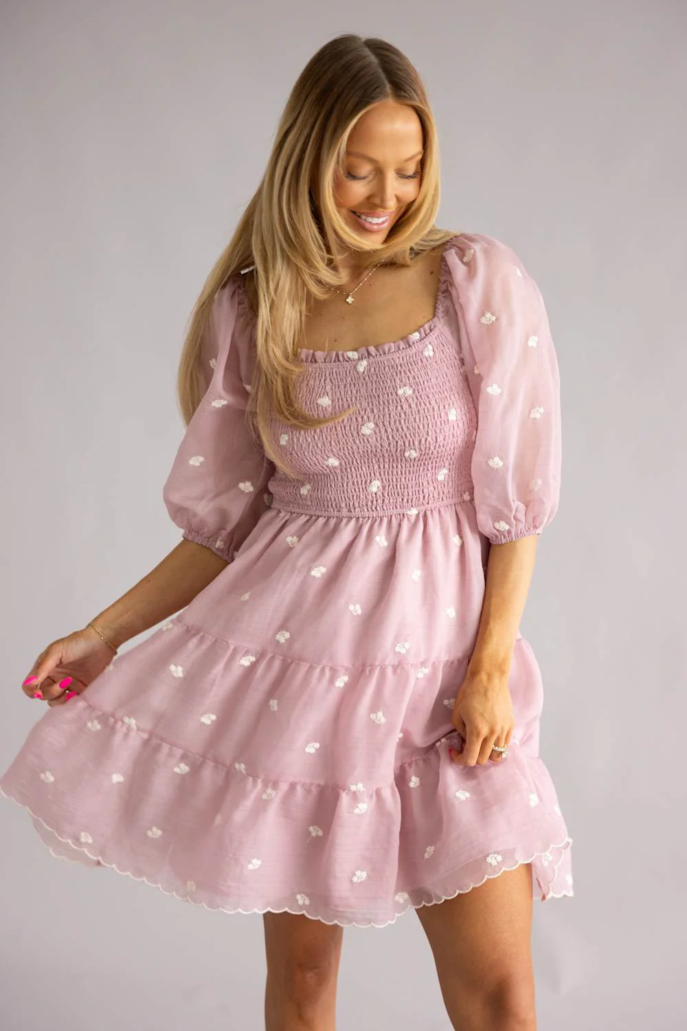 Smocked Polka Dot Short Dress for Women in Lilac | R8368-1-PNK - Image 3
