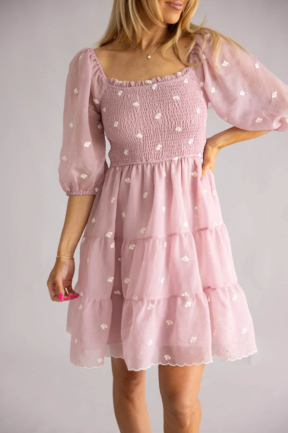 Smocked Polka Dot Short Dress for Women in Lilac | R8368-1-PNK - Image 4