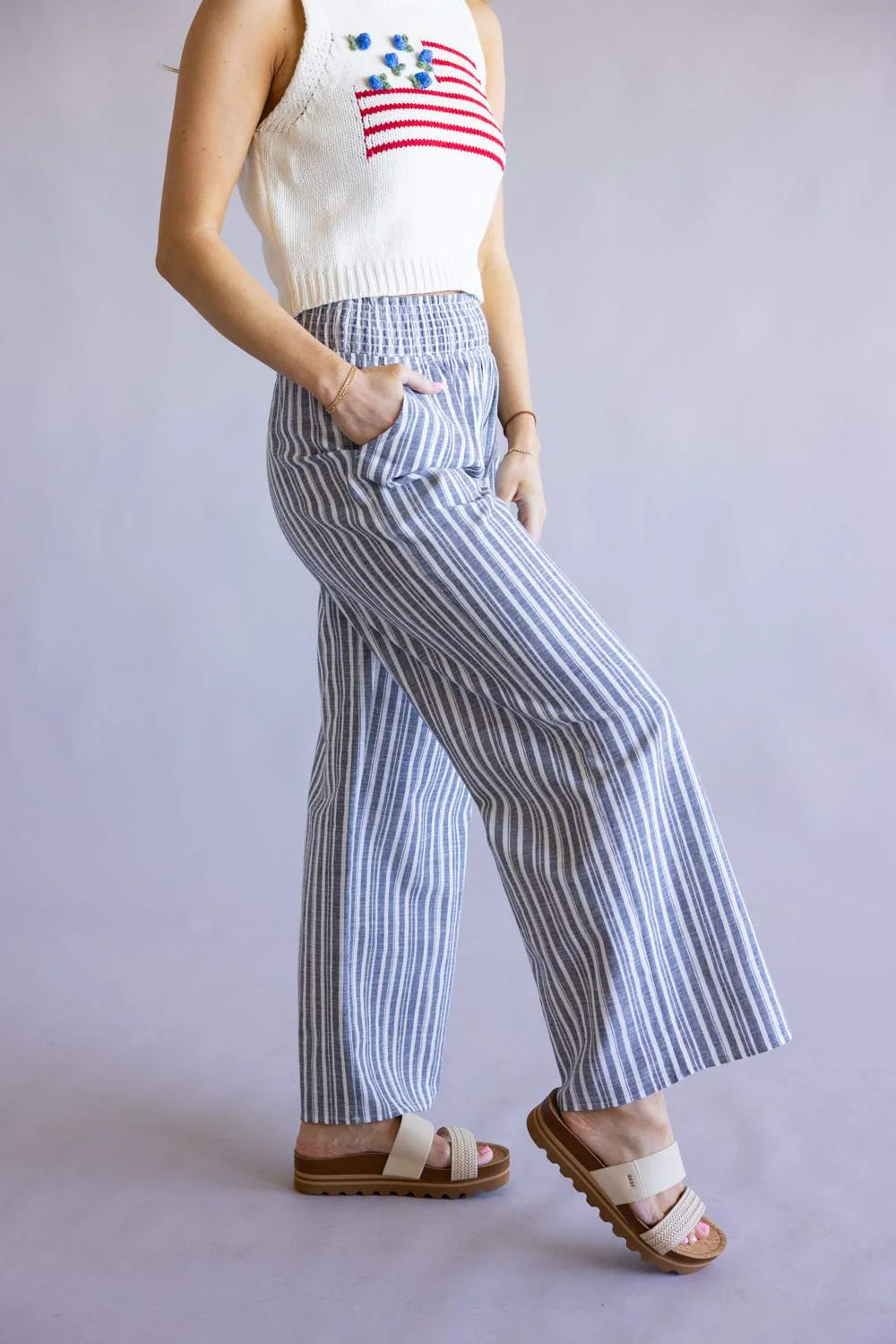 Smocked Waist Striped Linen Wide Leg Pants for Women in Navy | FP3381-NAVY - Image 2