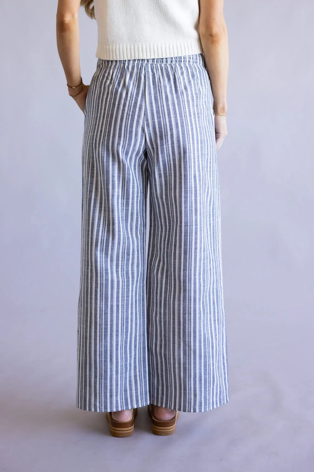 Smocked Waist Striped Linen Wide Leg Pants for Women in Navy | FP3381-NAVY - Image 3