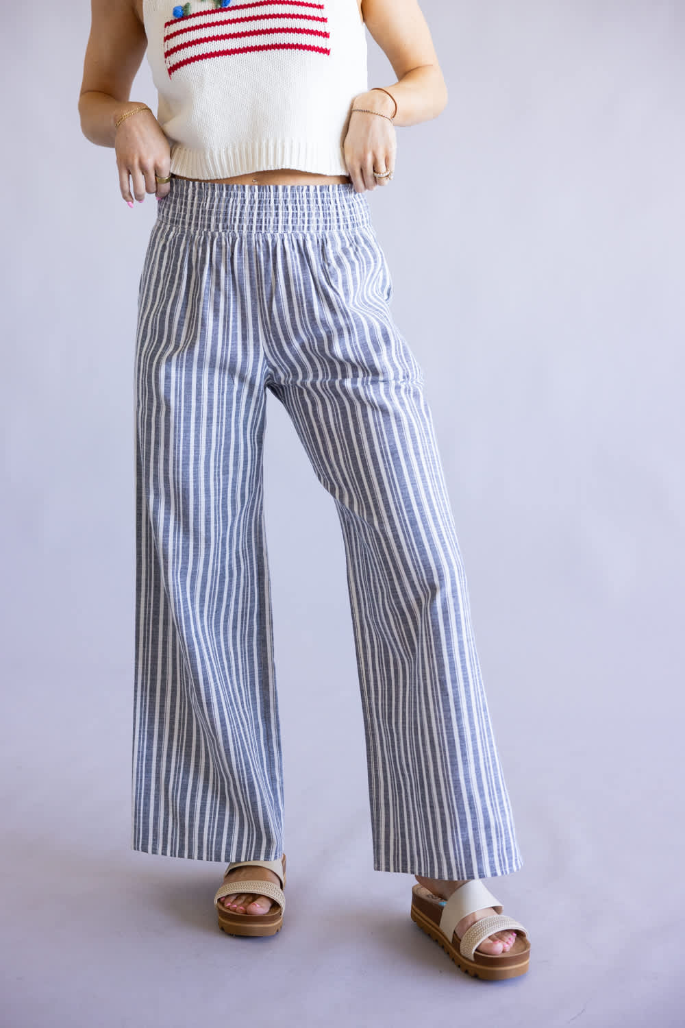 Smocked Waist Striped Linen Wide Leg Pants for Women in Navy | FP3381-NAVY - Image 4