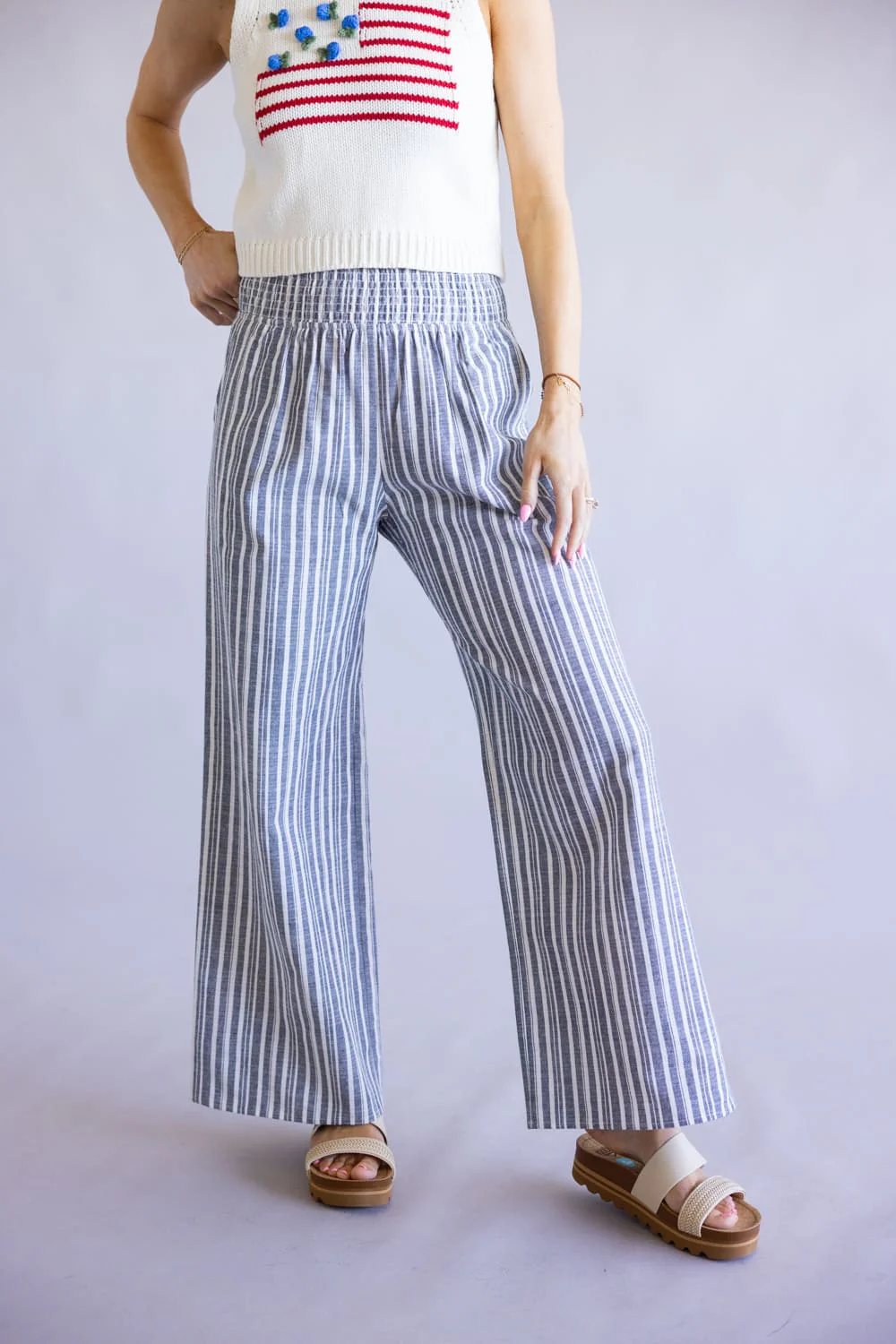 Smocked Waist Striped Linen Wide Leg Pants for Women in Navy | FP3381-NAVY - Image 5