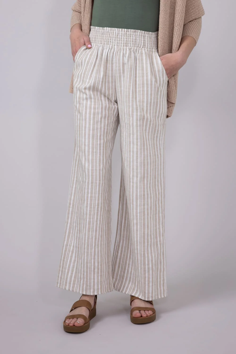 Smocked Waist Linen Wide Leg Pants for Women in Taupe | FP3381-TAUPE - Image 3