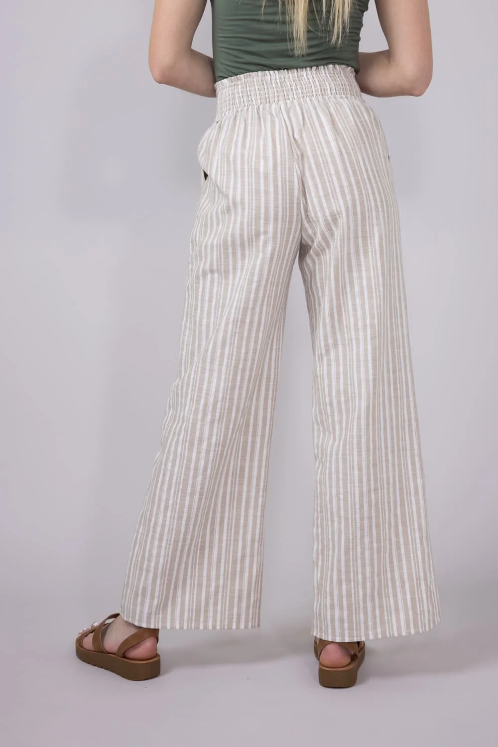 Smocked Waist Linen Wide Leg Pants for Women in Taupe | FP3381-TAUPE - Image 4