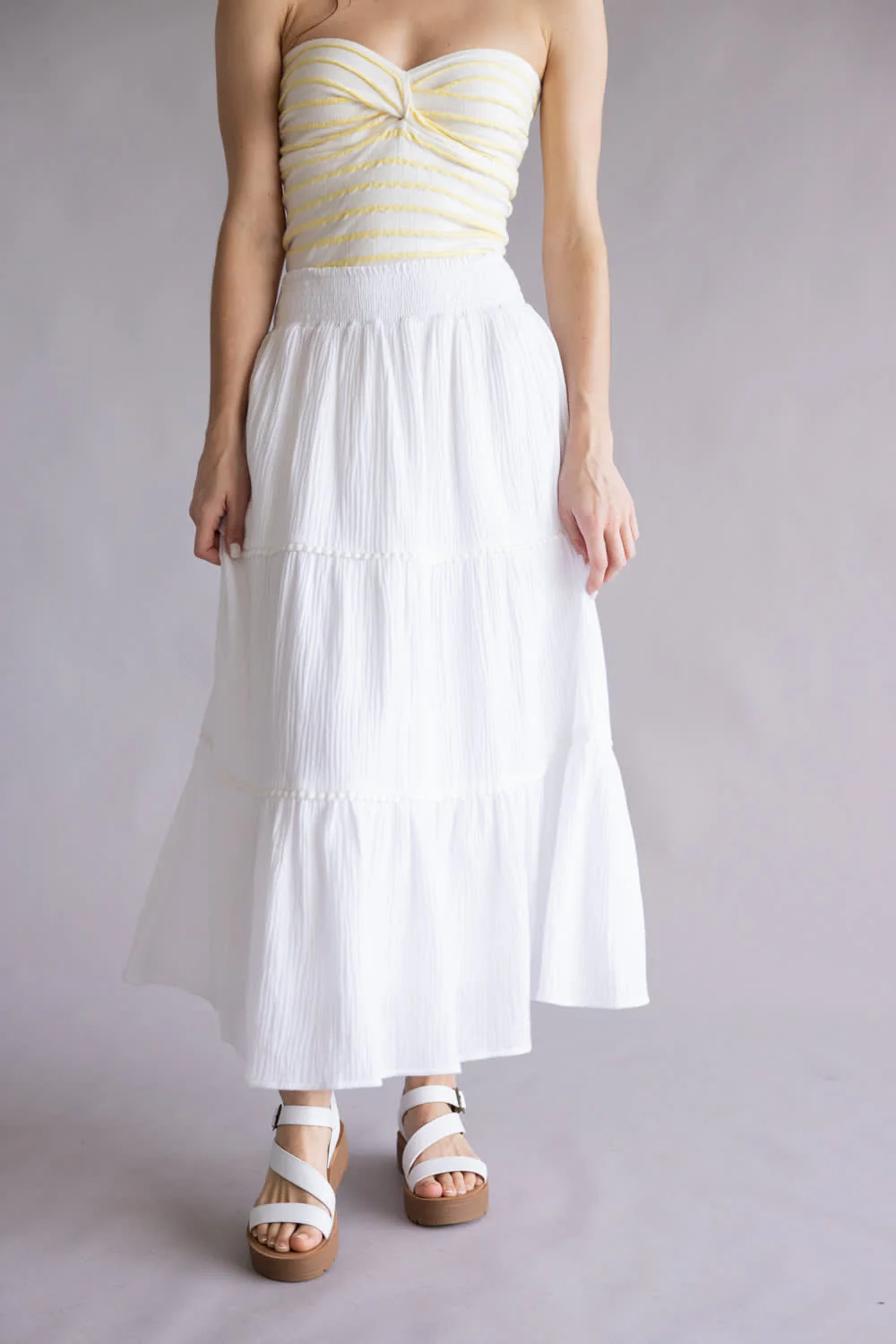 Smocked Waist Tiered Midi Skirt for Women in Off White | VS6222-OFFWHITE - Image 2
