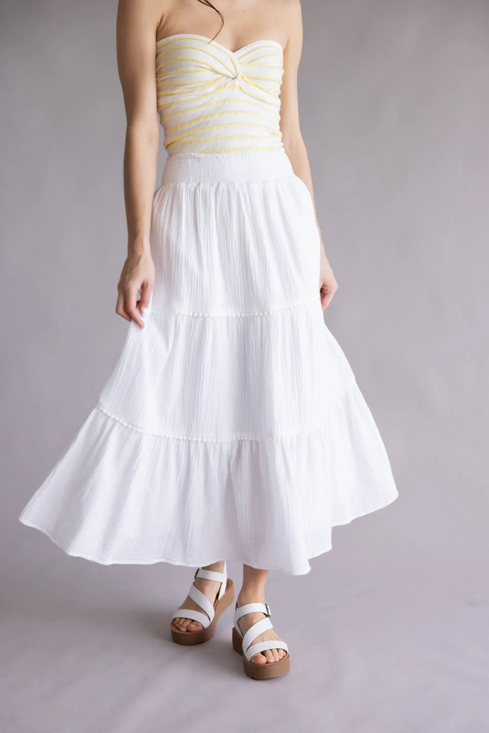 Smocked Waist Tiered Midi Skirt for Women in Off White | VS6222-OFFWHITE - Image 4