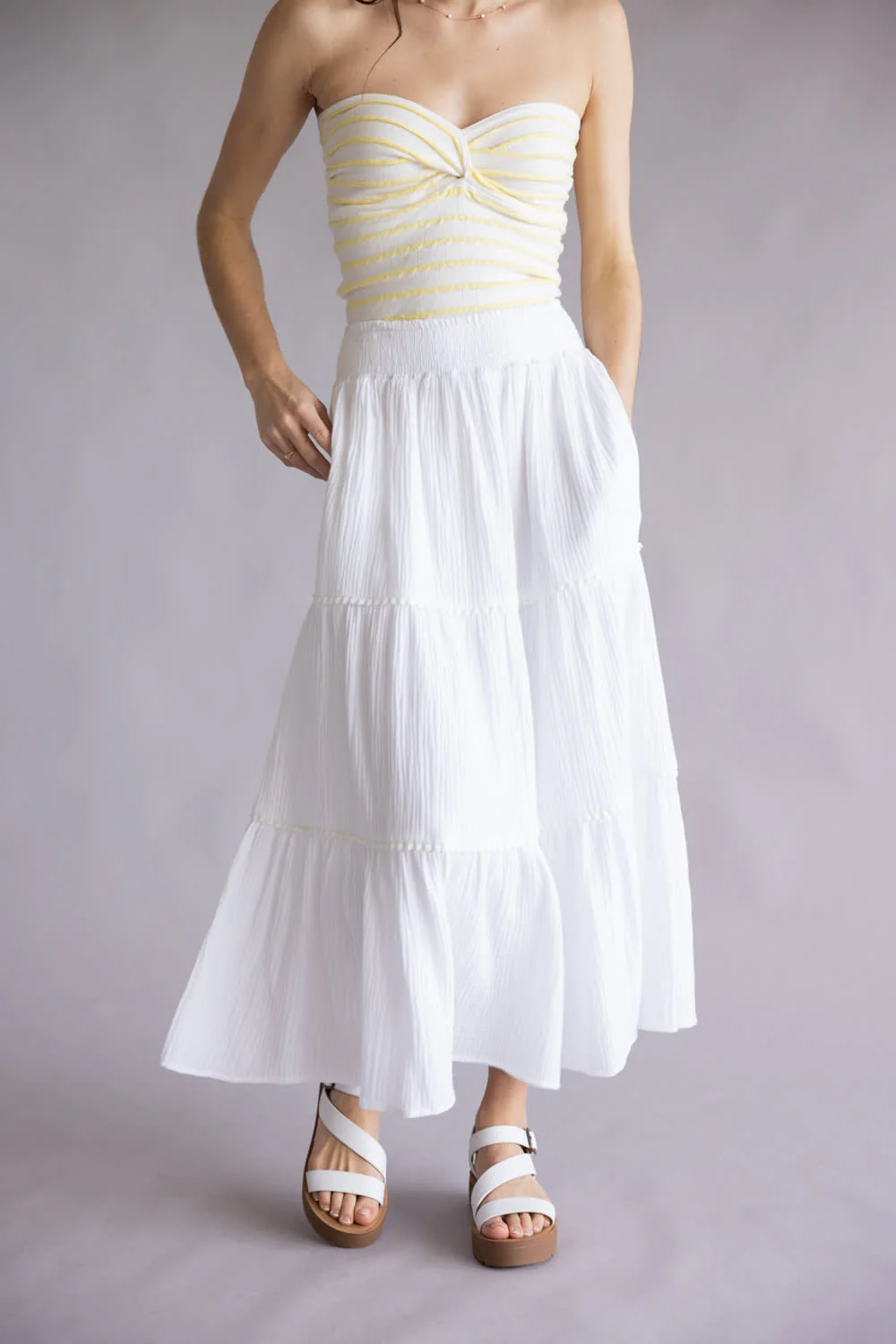 Smocked Waist Tiered Midi Skirt for Women in Off White | VS6222-OFFWHITE - Image 5