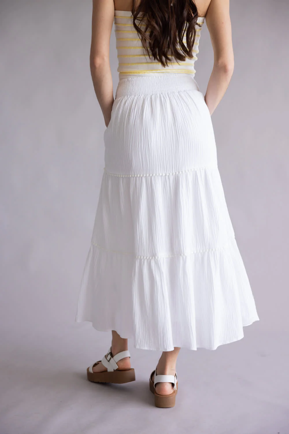 Smocked Waist Tiered Midi Skirt for Women in Off White | VS6222-OFFWHITE - Image 6