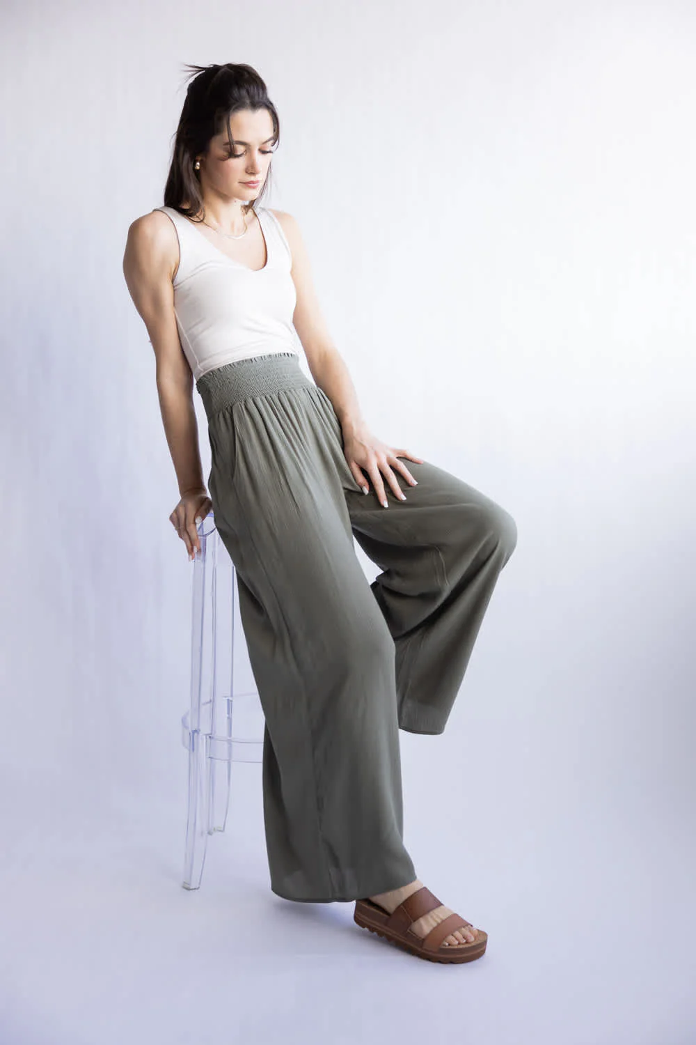 Smocked Waist Wide Leg Pants for Women in Olive | VNP70263D-VINTAGEOLIVE - Image 2