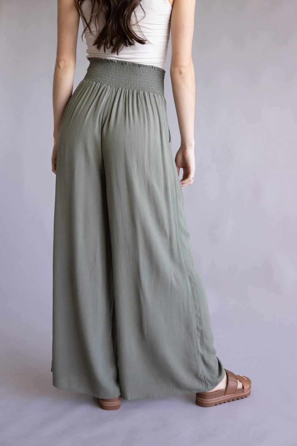 Smocked Waist Wide Leg Pants for Women in Olive | VNP70263D-VINTAGEOLIVE - Image 3
