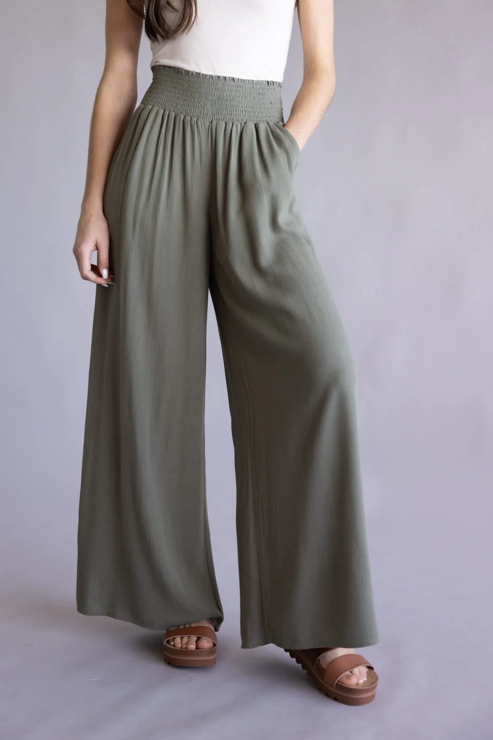 Smocked Waist Wide Leg Pants for Women in Olive | VNP70263D-VINTAGEOLIVE - Image 4