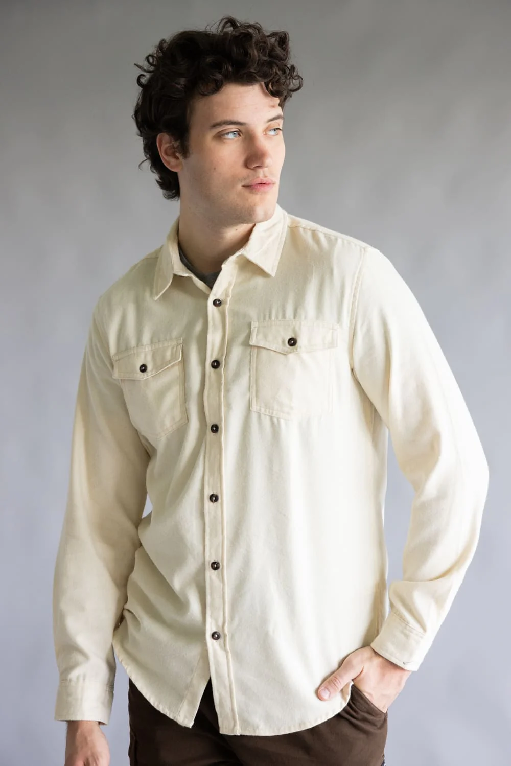 Solid Flannel Shirt for Men in Fog Ecru | TT8285GL-FOGECRU - Image 3