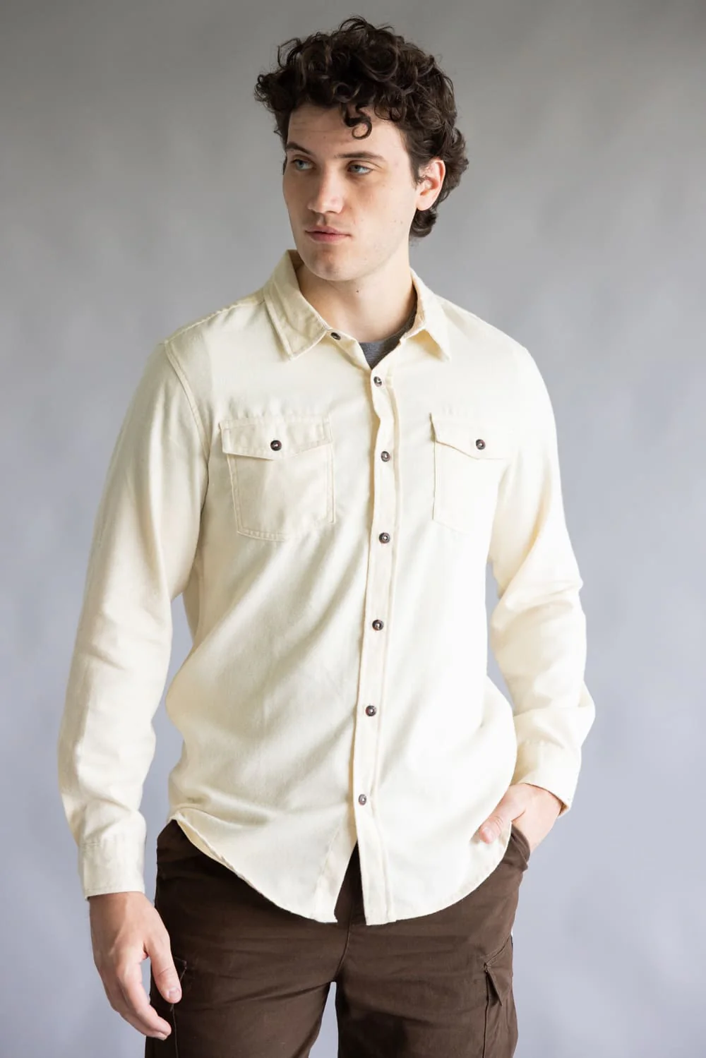 Solid Flannel Shirt for Men in Fog Ecru | TT8285GL-FOGECRU - Image 5