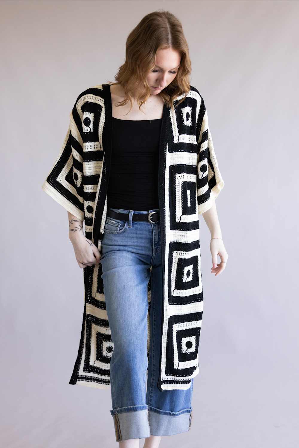 Square Pattern Crotchet Cardigan for Women in Ivory/Black | WLCS078-BLACK - Image 3