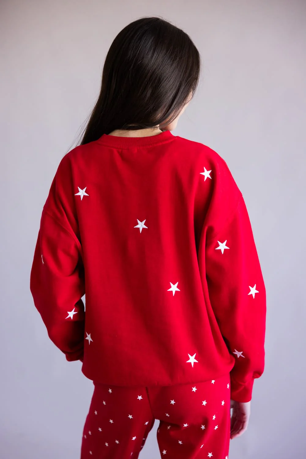 Star Embroidered Fleece Crewneck for Women in Red | T1375-RED - Image 2