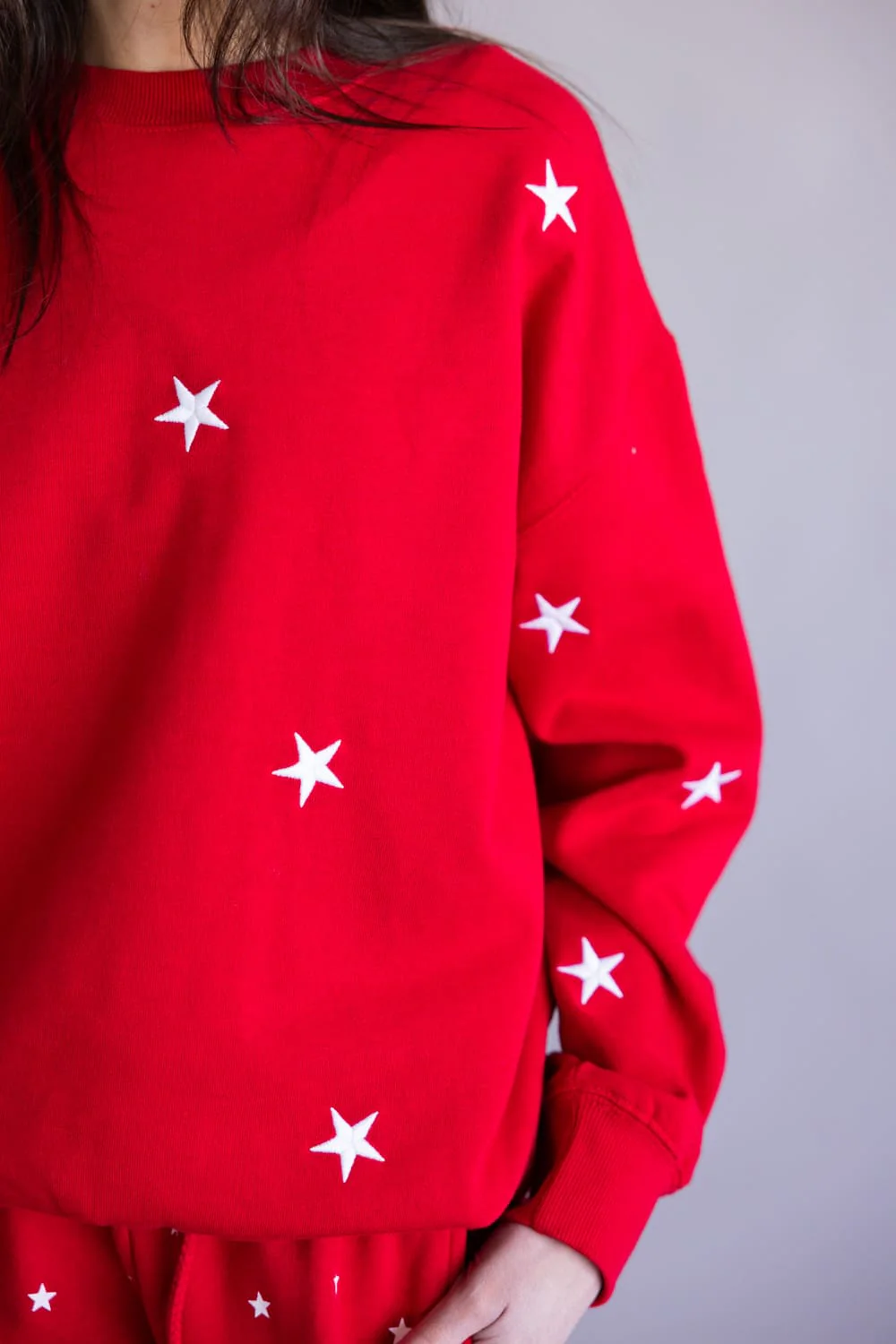 Star Embroidered Fleece Crewneck for Women in Red | T1375-RED - Image 3