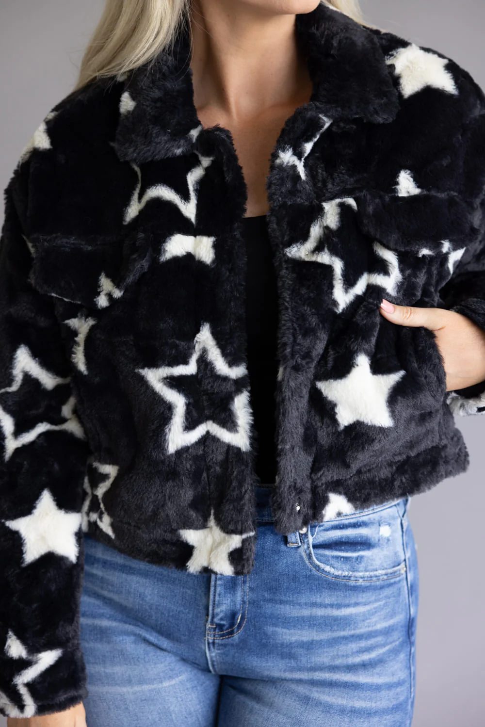 Star Faux Fur Cropped Coat for Women in Black | 11560-BLACKWHITESTAR - Image 3
