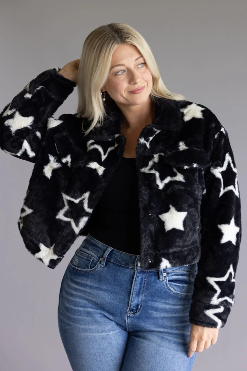 Star Faux Fur Cropped Coat for Women in Black | 11560-BLACKWHITESTAR - Image 4