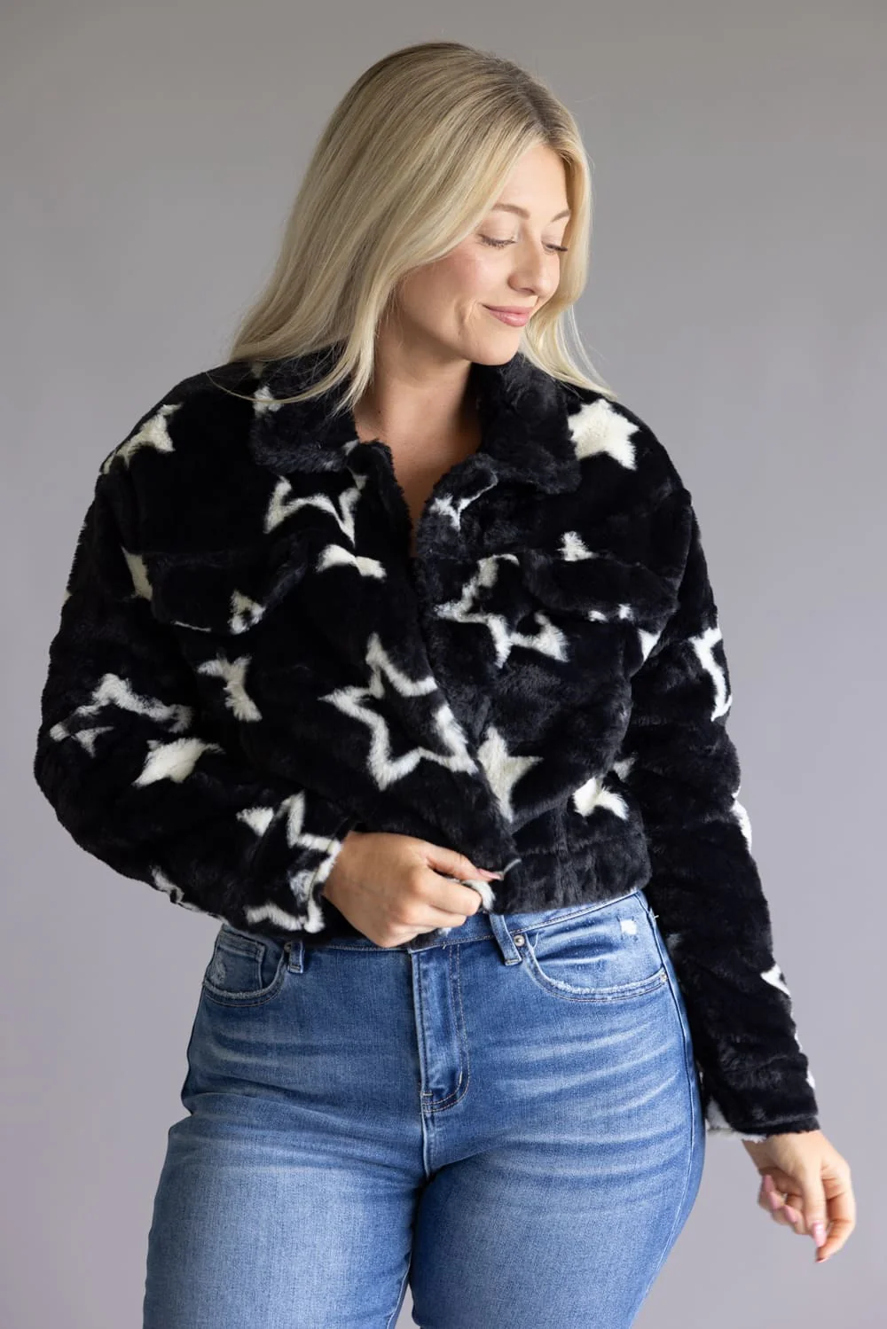 Star Faux Fur Cropped Coat for Women in Black | 11560-BLACKWHITESTAR - Image 5