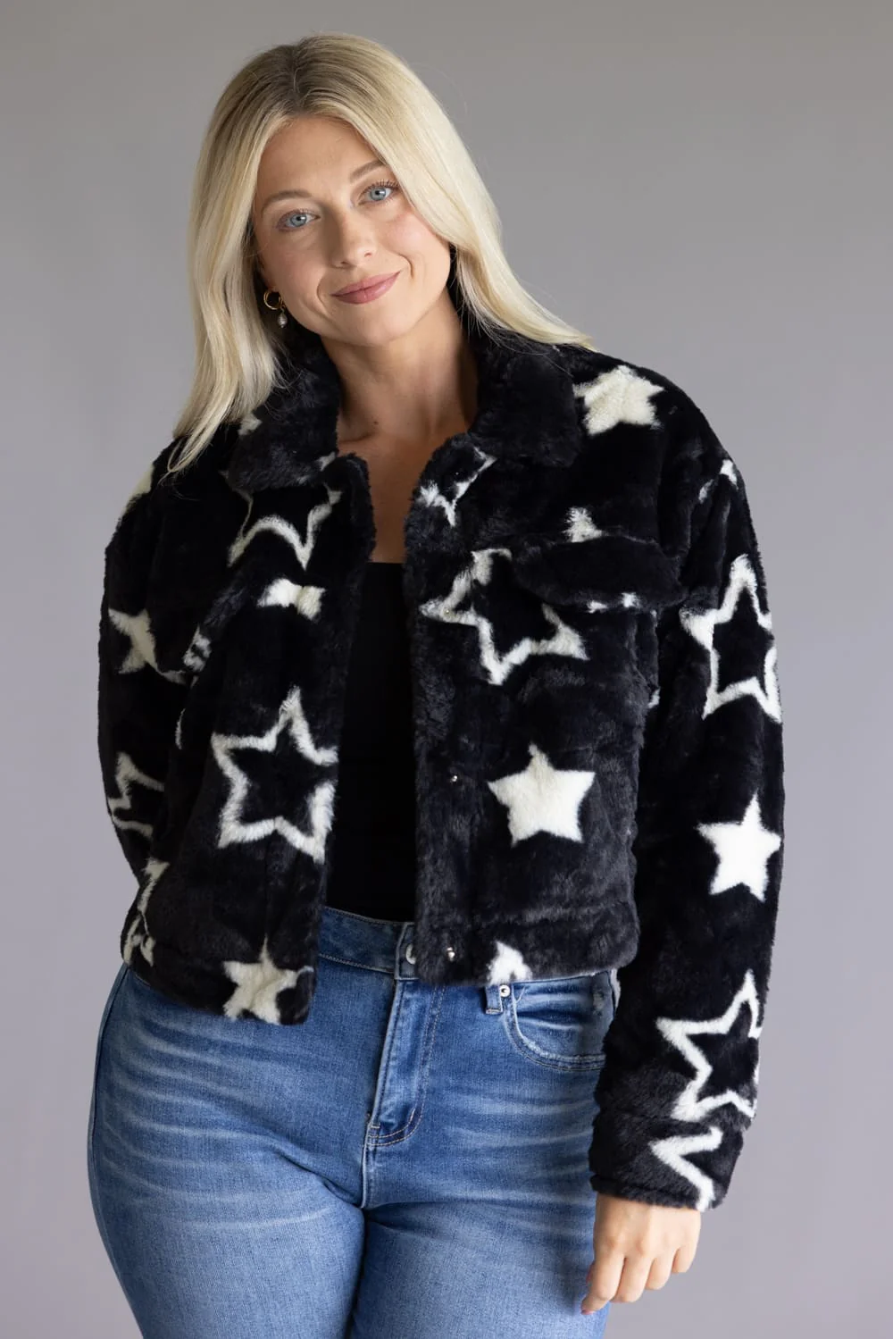 Star Faux Fur Cropped Coat for Women in Black | 11560-BLACKWHITESTAR - Image 6