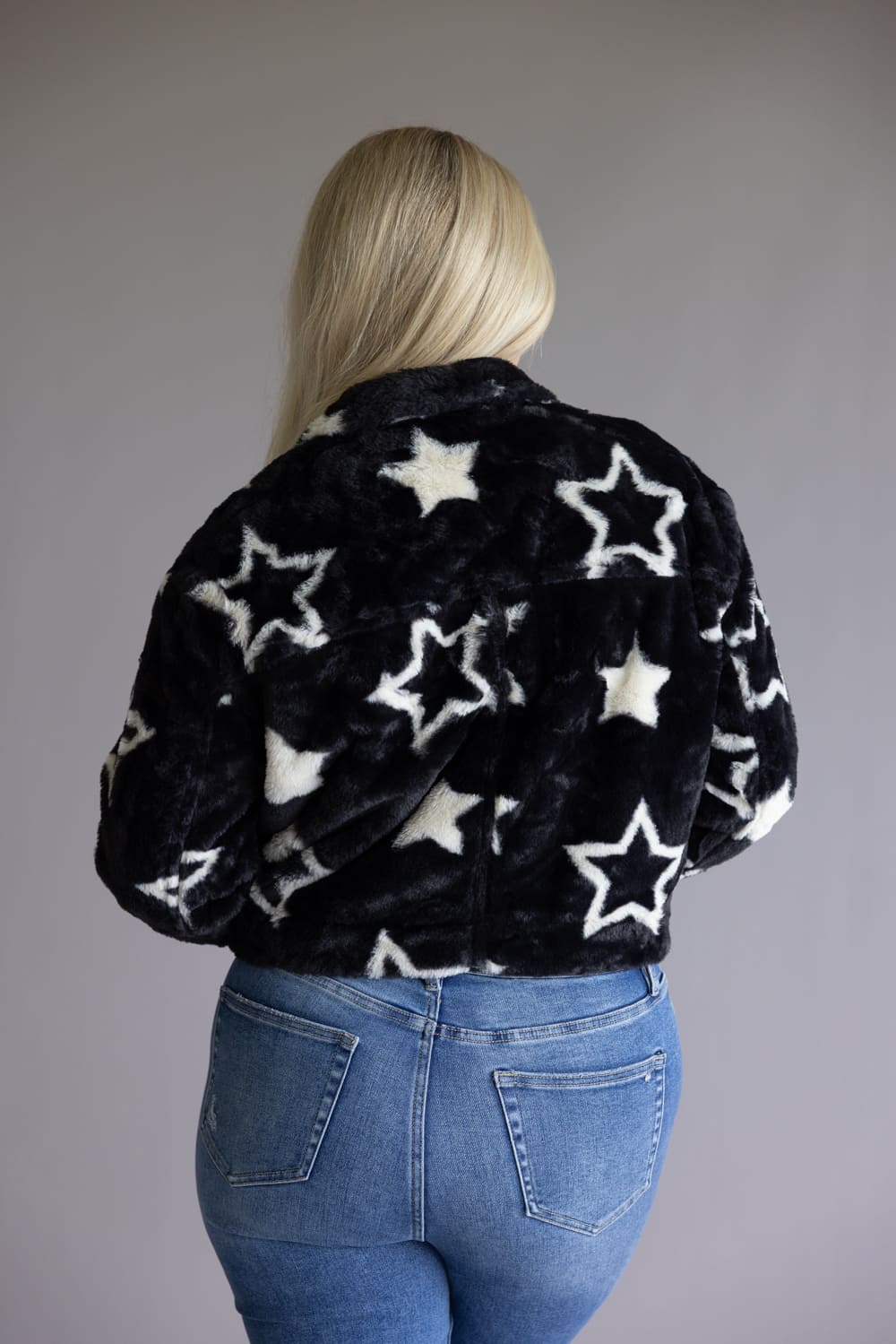 Star Faux Fur Cropped Coat for Women in Black | 11560-BLACKWHITESTAR - Image 7