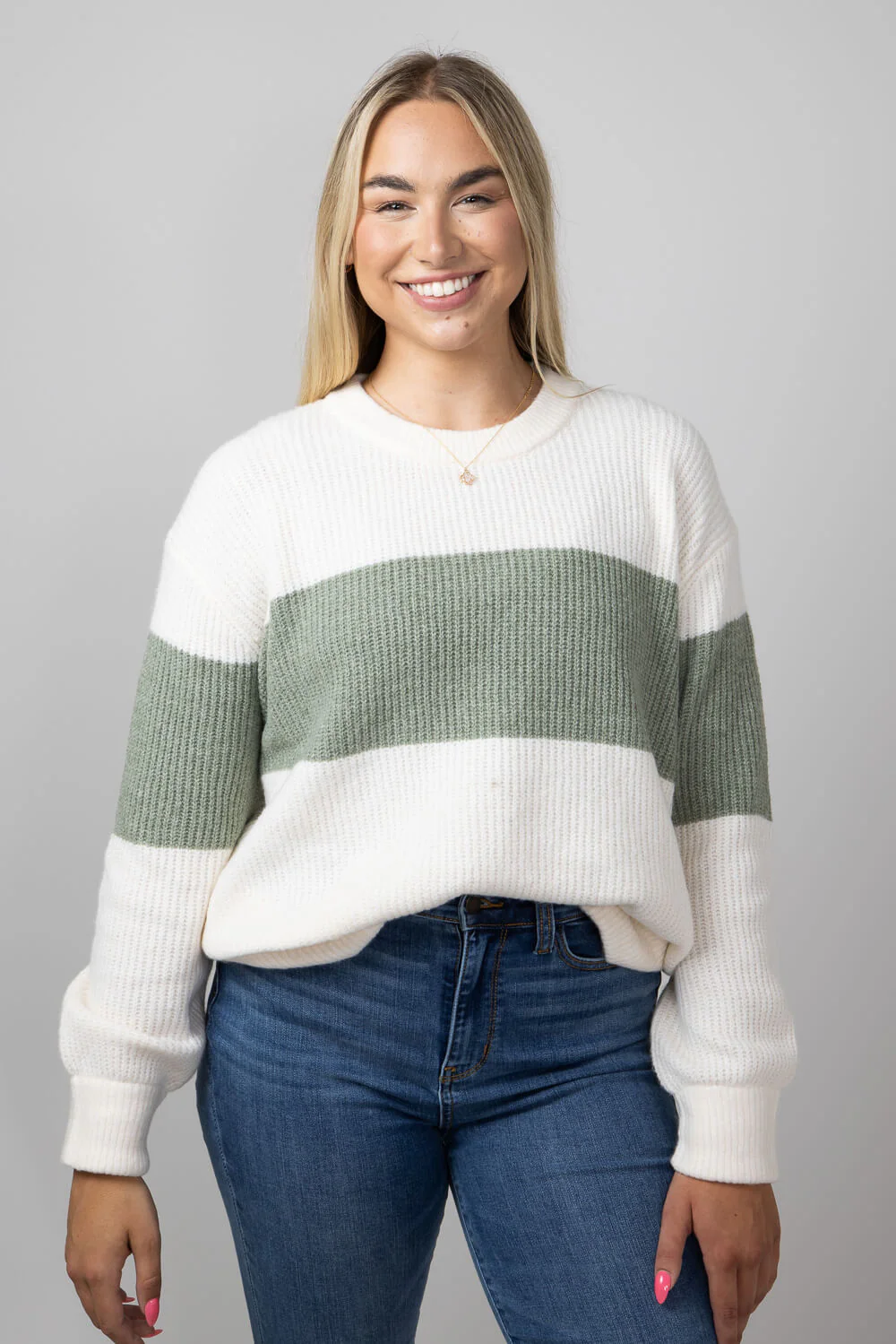 Stripe Crewneck Sweater for Women in Green Combo | PF3S26302-GREENCOMBO - Image 3