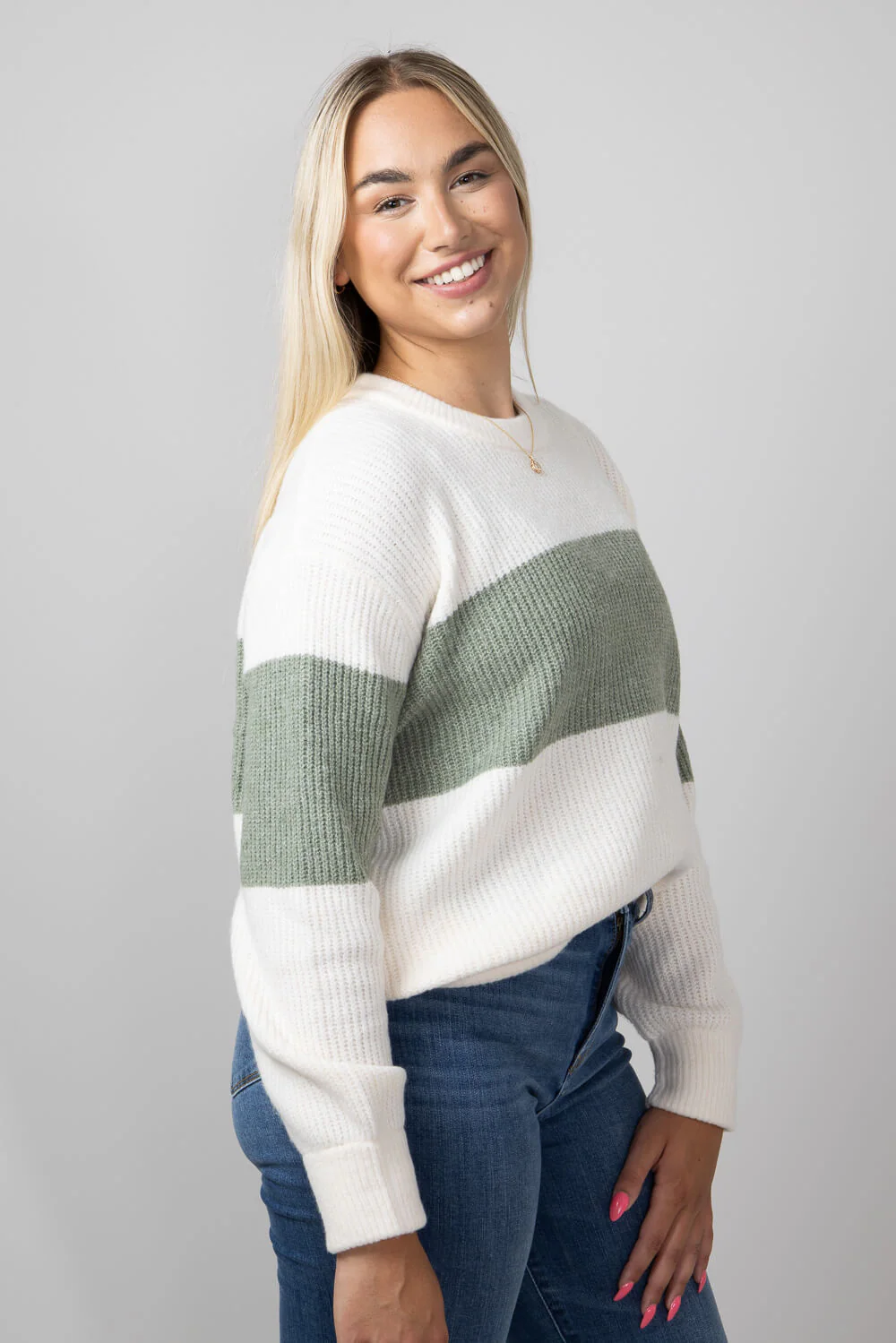 Stripe Crewneck Sweater for Women in Green Combo | PF3S26302-GREENCOMBO - Image 4