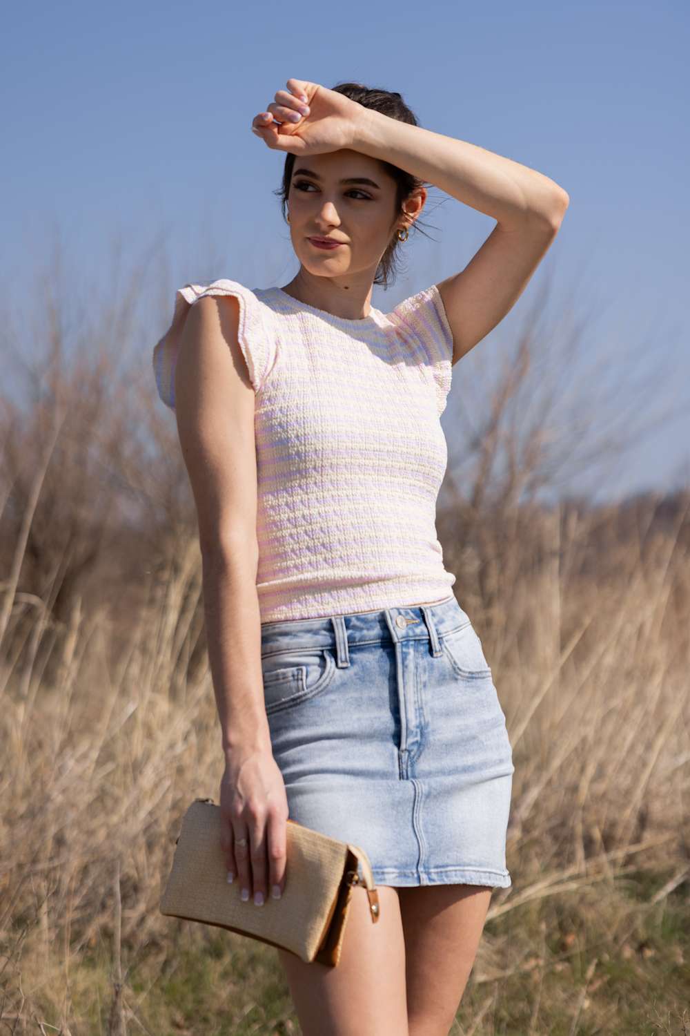 Stripe Flutter Sleeve Top for Women in Ivory Pink | MTL502-RJQ-IVORYBALLETSLIPPER - Image 2