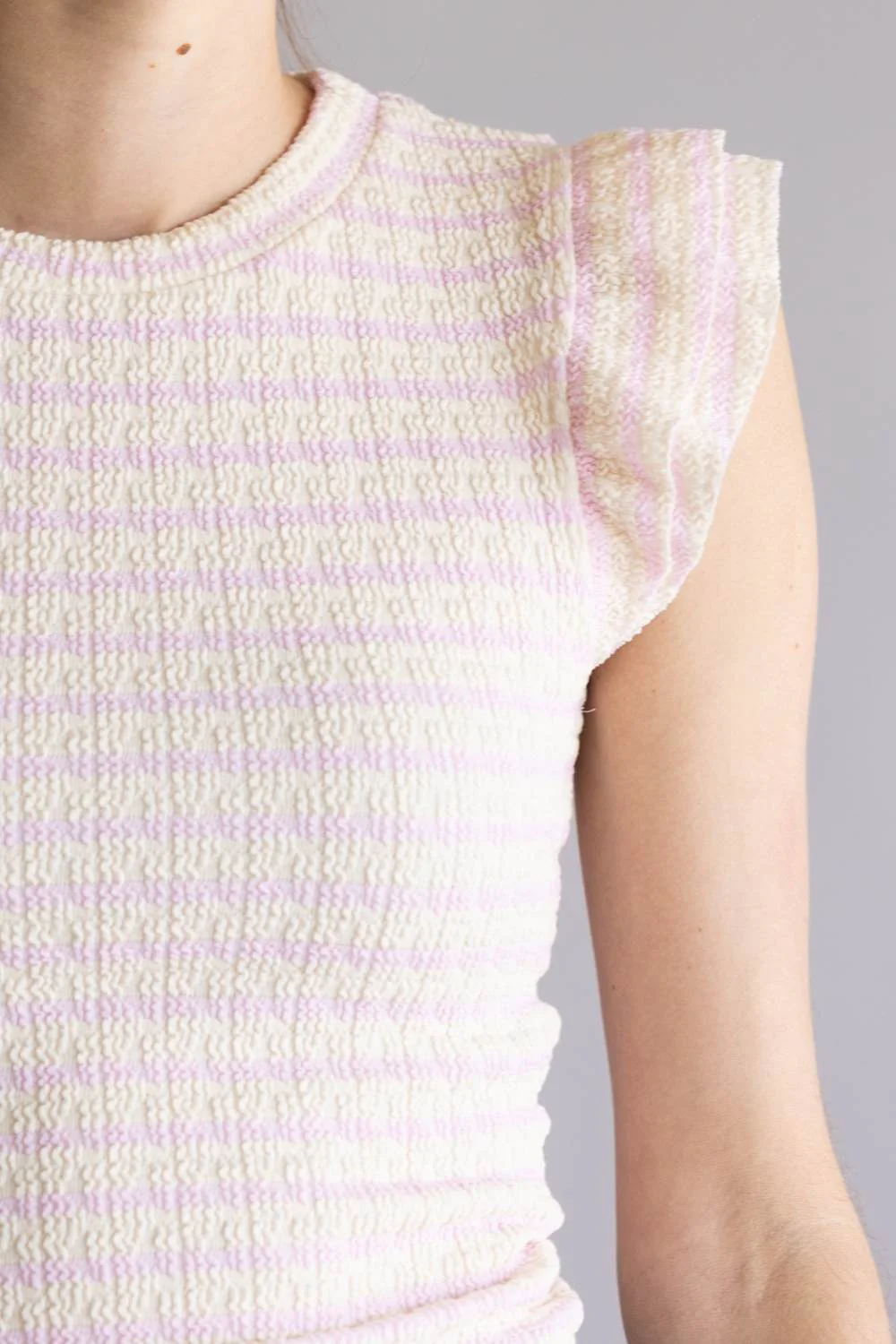 Stripe Flutter Sleeve Top for Women in Ivory Pink | MTL502-RJQ-IVORYBALLETSLIPPER - Image 3
