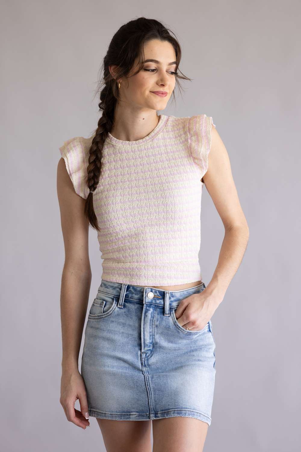 Stripe Flutter Sleeve Top for Women in Ivory Pink | MTL502-RJQ-IVORYBALLETSLIPPER - Image 4