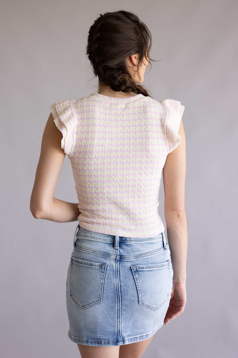 Stripe Flutter Sleeve Top for Women in Ivory Pink | MTL502-RJQ-IVORYBALLETSLIPPER - Image 5