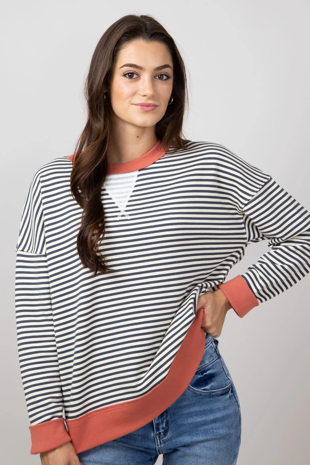 Striped Oversized Sweatshirt for Women in Charcoal | 19812-CHARCOAL - Image 3