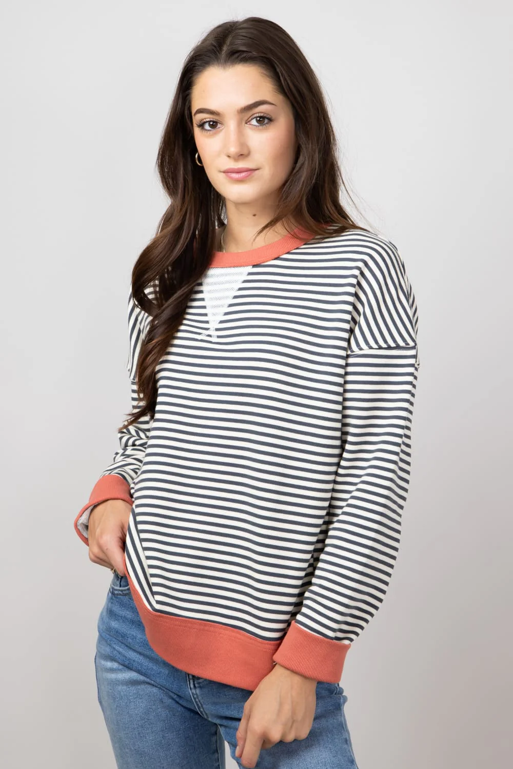 Striped Oversized Sweatshirt for Women in Charcoal | 19812-CHARCOAL - Image 4