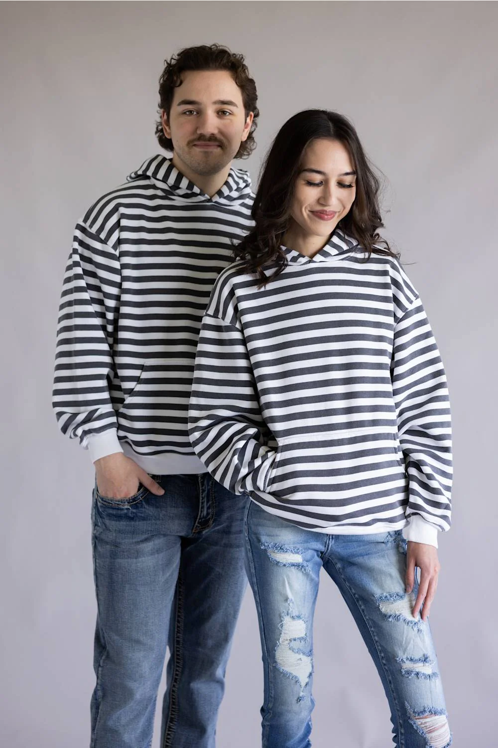 Stripe Print Fleece Vintage Hoodie for Women in Black/White | CCHOD376SNW-BKWHT - Image 2