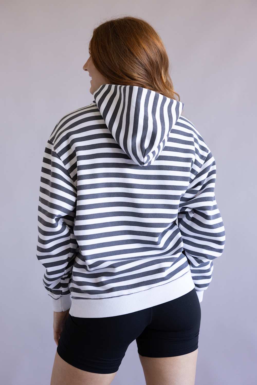 Stripe Print Fleece Vintage Hoodie for Women in Black/White | CCHOD376SNW-BKWHT - Image 3