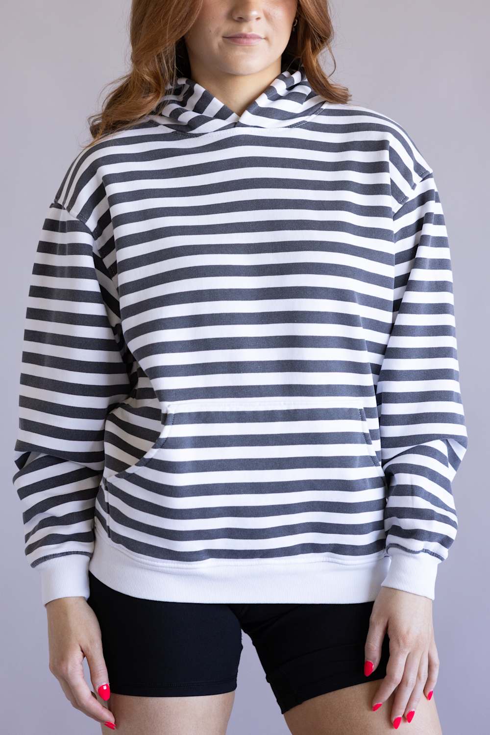 Stripe Print Fleece Vintage Hoodie for Women in Black/White | CCHOD376SNW-BKWHT - Image 4